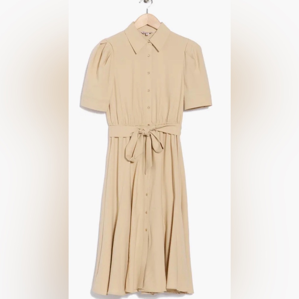 Nanette Lepore belted button front shirt dress in warm sand color midi